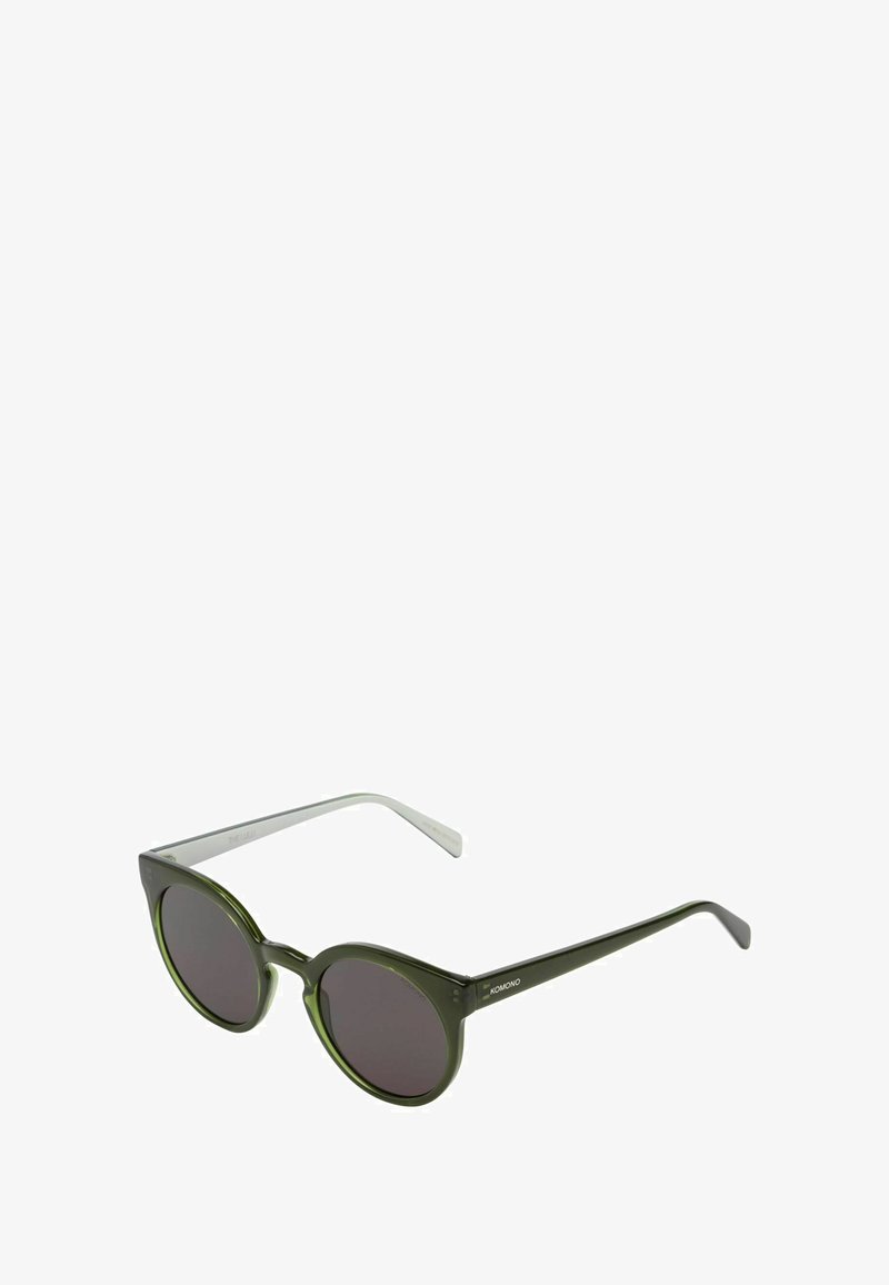 Occhiali da sole rotondi con una montatura verde oliva, lenti scure e aste trasparenti. Il design presenta linee morbide e un'estetica moderna.