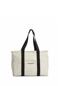 Plátěná taška v krémové barvě s černými popruhy, s přední kapsou a tištěným názvem značky "SOULEWAY" na vnější straně.