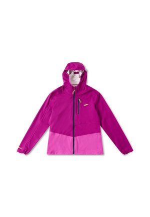 Fuchsia and pink hooded jacket with a front zip, long sleeves, chest pocket, and elastic cuffs. Made of lightweight, water-resistant material.