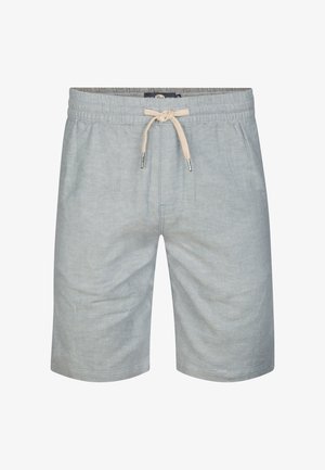 Pantalones cortos azul claro hechos de una mezcla de algodón, con una cintura elástica con un cordón beige y bolsillos laterales. Textura suave.
