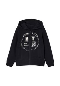 Schwarze Zip-Hoodiejacke mit Kapuze, auf der Vorderseite mit weißem Text und grafischen Elementen. Aus weichem Stoff gefertigt, mit seitlichen Taschen.
