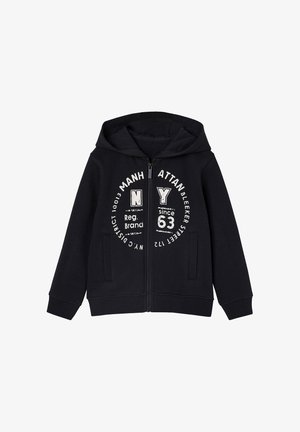 Black zip-up hoodie with a hood, featuring white text and graphic elements on the front. Made of soft fabric, includes side pockets.