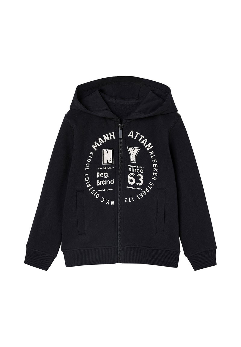 Schwarze Zip-Hoodiejacke mit Kapuze, auf der Vorderseite mit weißem Text und grafischen Elementen. Aus weichem Stoff gefertigt, mit seitlichen Taschen.