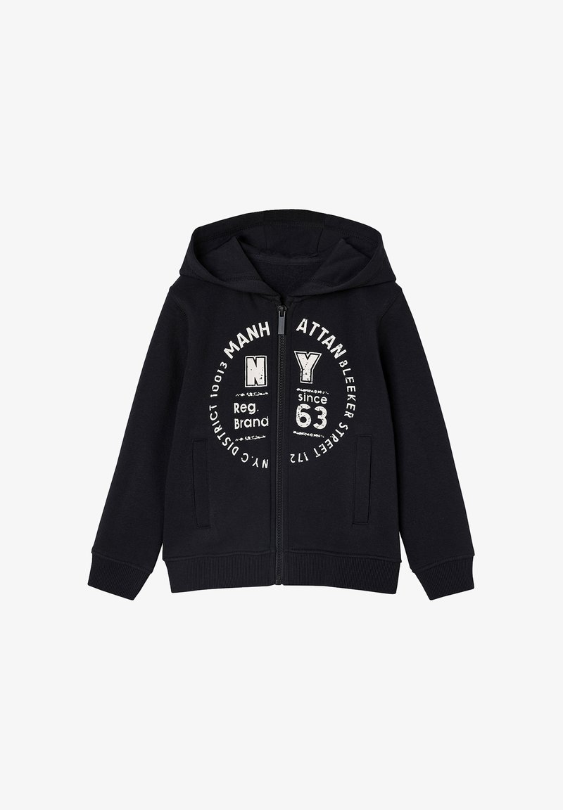 Schwarze Zip-Hoodiejacke mit Kapuze, auf der Vorderseite mit weißem Text und grafischen Elementen. Aus weichem Stoff gefertigt, mit seitlichen Taschen.