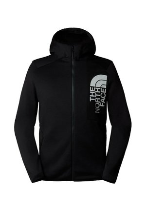 Giacca nera con cappuccio e zip completa con logo "The North Face" in grandi lettere bianche sul lato sinistro del petto.