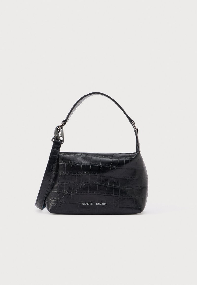 Borsa a spalla in pelle nera con stampa effetto coccodrillo, manico superiore e logo stampato sul davanti.