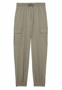 Pantalones cargo khaki con cintura elástica, cordón ajustable, dos bolsillos delanteros y puños elásticos en los tobillos. Tejido suave con un corte holgado.