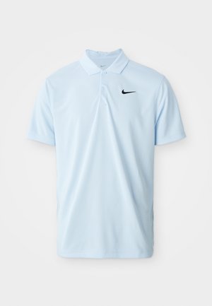 Light blue polo shirt made of smooth fabric, featuring a black Nike logo on the chest, three-button placket, and short sleeves.