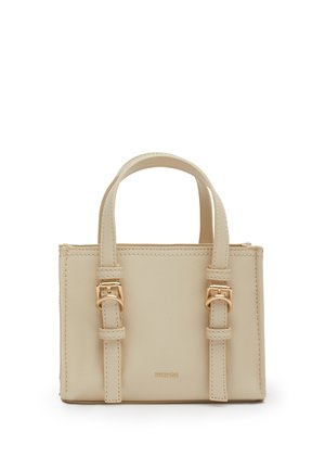 Piccola borsa beige con due manici e fibbie decorative color oro, con superficie strutturata e il nome del marchio "MIRADE" sul davanti.