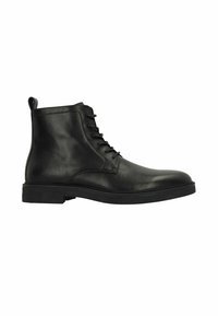 Bottine en cuir noir avec un bout rond, surface texturée, fermeture à lacets à l'avant et une languette à l'arrière. Semelle en caoutchouc épaisse pour une bonne adhérence.