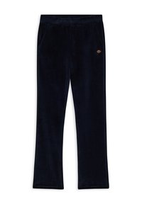 Pantaloni in velluto blu navy con design a gamba dritta, due tasche laterali e un piccolo emblema dorato sulla cintura anteriore. Tessuto morbido.