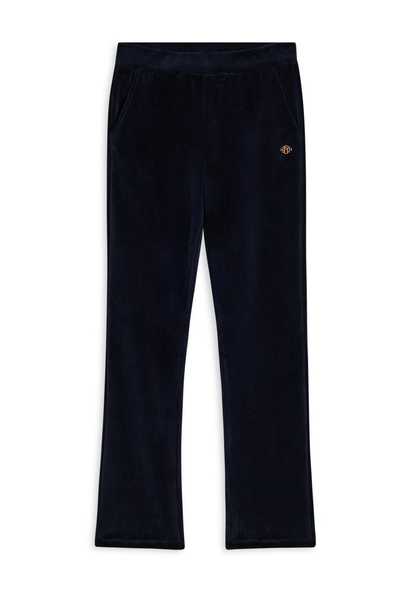 Pantaloni in velluto blu navy con design a gamba dritta, due tasche laterali e un piccolo emblema dorato sulla cintura anteriore. Tessuto morbido.