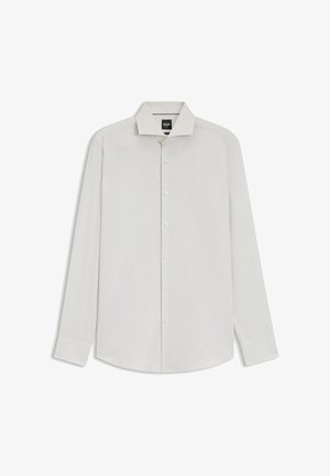 Men’s long-sleeve white dress shirt with button-up front and pointed collar, laid flat on a white background.