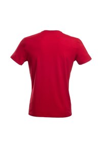 Czerwony t-shirt z krótkim rękawem, widoczny od tyłu na białym tle, z okrągłym dekoltem, bez widocznych logo lub wzorów.