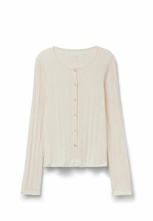 Elfenbeinfarbener, gerippter Langarm-Cardigan mit rundem Ausschnitt und sieben Knöpfen vorne.