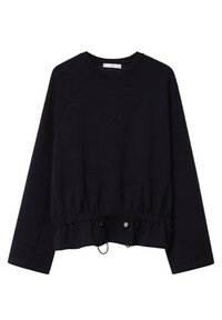 Sudadera negra de manga larga con cuello redondo y dobladillo ajustable con cordón y toques metálicos, extendida sobre un fondo blanco.