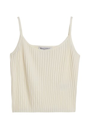 Cremefarbener, gerippter Stoff-Tanktop mit dünnen Trägern und einem abgerundeten Ausschnitt, mit einer weichen Textur und einer figurbetonten Silhouette.