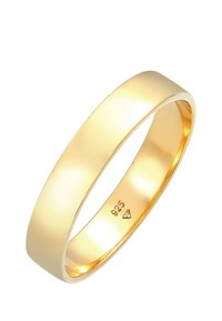 Gold-tone band ring with a smooth, polished finish. Features a rounded outer edge and engraved hallmark inside.