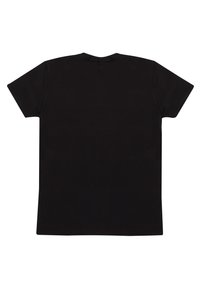 Sort bomulds t-shirt med korte ærmer, rund halsudskæring og en ensfarvet rygdesign. Materialet fremstår glat og let.
