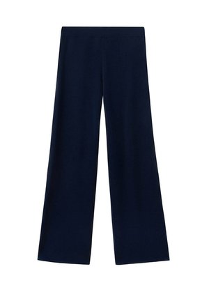 Pantalon bleu marine à jambes larges avec une taille haute, sans fermetures ni poches visibles, présenté sur un fond blanc.