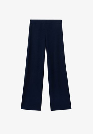 Pantalon bleu marine à jambes larges avec une taille haute, sans fermetures ni poches visibles, présenté sur un fond blanc.