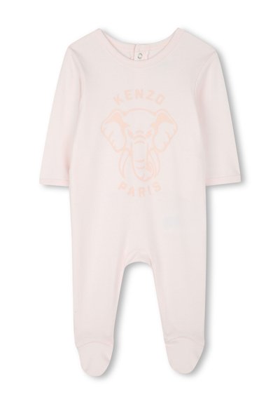 Grenouillère en coton rose clair à manches courtes, ornée d'un graphique d'éléphant et du texte "KENZO PARIS". Fermeture à pression à l'arrière.