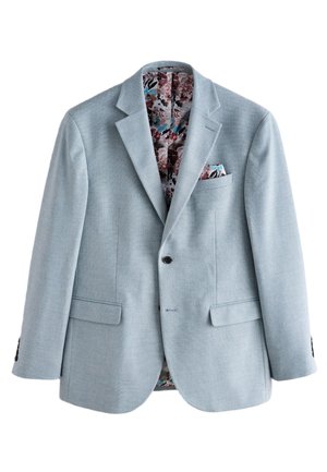 Lyseblå herreblazer med blomsterprintet indre for og matchende lommetørklæde, enkeltknapslukning og klaplommer.