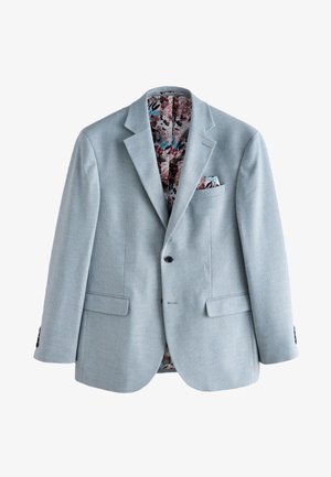 Blazer da uomo azzurro chiaro con fodera interna floreale e fazzoletto da taschino coordinato, chiusura con un solo bottone e tasche con patta.