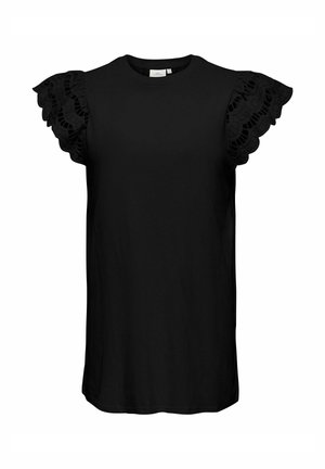 Schwarzes ärmelloses Oberteil mit Rundhalsausschnitt und gerafften Spitzenakzenten an den Schultern.