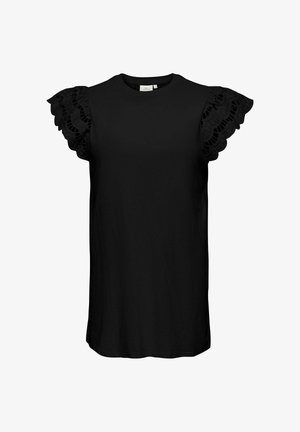 Fekete ujjatlan felső kerek nyakkal és fodros csipkés díszítéssel a vállakon.