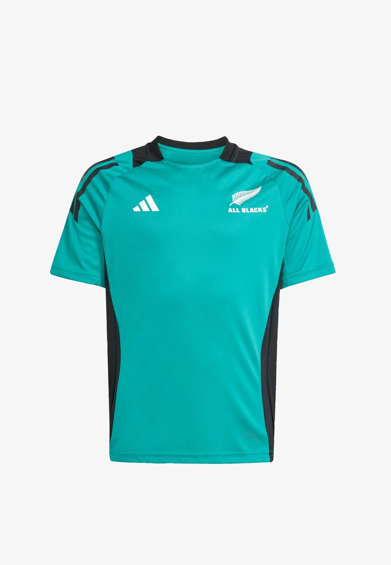 Turkis kortærmet sportstrøje med sorte sidepaneler, med hvid "ALL BLACKS" logo og tre hvide striber på skulderen.
