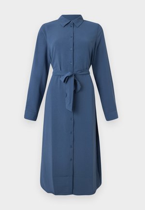 Tume sinine pikkade varrukatega nööbitav kleit, millel on krae ja sidumisvööd, sirge lõige ja külgaukud.