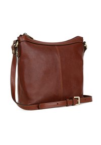 Borsa a tracolla in pelle marrone con superficie testurizzata, dettagli cuciti e tracolla regolabile. Presenta accenti di accessori in metallo.