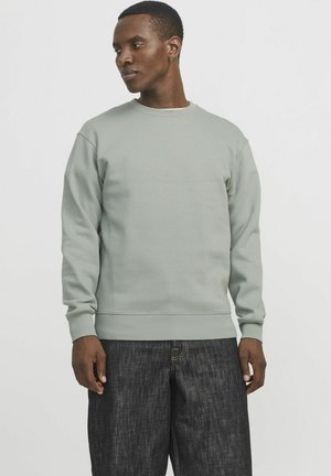 Hellgrüner Sweatshirt mit Rundhalsausschnitt und langen Ärmeln, mit gerippten Bündchen und Saum. Getragen mit dunklen Jeans.
