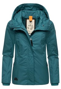 Teal waterproof jacket with a quilted design on side panels, full zip closure, adjustable hood, and branded logo patch on hem.
