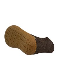 Ciabatta in felt con tomaia marrone e suola in gomma testurizzata. La suola presenta un motivo a griglia per trazione e durata.