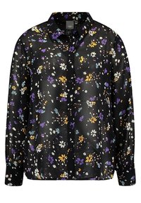 Blusa nera trasparente con un motivo floreale in viola, giallo, bianco e blu. Maniche lunghe, chiusura frontale con bottoni e design del colletto classico.