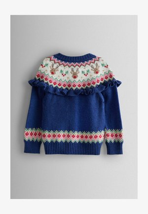 Kék gyapjú pulóver, mintás, fair isle környakkal, rénszarvasokkal, fodros díszítéssel, valamint bordás mandzsettákkal és alsó résszel.