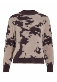 Pull en texture avec une finition duveteuse, présentant une couleur de base lilas et des motifs abstraits violets foncés. Encolure ronde et poignets côtelés.
