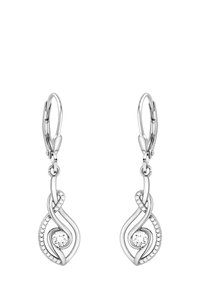 Silver drop earrings har en vriden design med en central rund sten och klara stenar som accenter längs kurvorna.