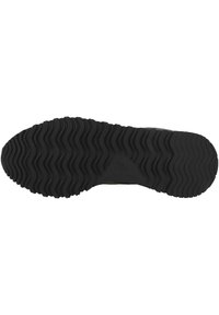 Suela de zapato de goma negra con un patrón texturizado ondulado. Bordes redondeados y un área central lisa. Adecuada para el agarre en diversas superficies.