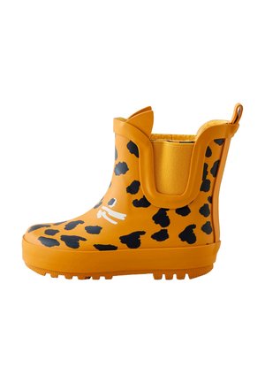 Yellow waterproof rubber boot with black leopard spots, reinforced heel, elastic side panel, and textured sole for grip.