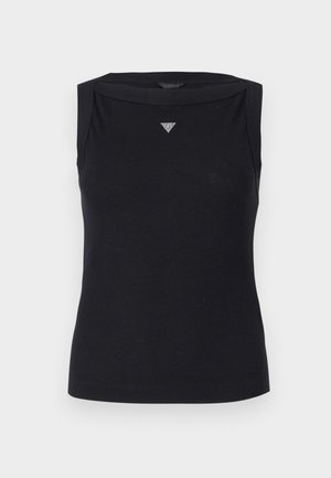 Čierny bezrukávový top vyrobený z bavlny, s lodičkovým výstrihom a malým kryštálovým trojuholníkovým logom na hrudi. Hladká textúra.