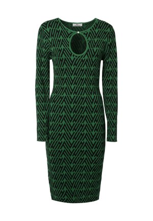 Grünes Kleid mit langen Ärmeln, einem kreisförmigen Ausschnitt am Hals und einem schwarzen geometrischen Muster. Figurnahes Design.