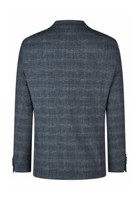 Donkerblauwe blazer met een gemêleerd, ruitachtig patroon. Voorzien van een mandarinencollier en knoopmanchetten. Getailleerde pasvorm met lange mouwen.