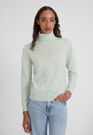 Maglione a collo alto di un delicato verde menta, realizzato in tessuto morbido, con maniche lunghe e un bordino aderente a coste in vita e sui polsini.