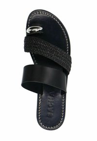 Black sandal with braided strap and flat sole. Features a glossy silver accent and contrasting white stitching on leather material.