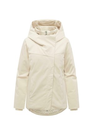 Cremefarbene gesteppte Jacke mit hohem Kragen, asymmetrischem Frontreißverschluss, Kapuze und Fronttaschen, konzipiert für kaltes Wetter.