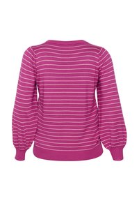 Gestreifter Pullover in lebhaftem Pink mit weißen horizontalen Streifen, ausgestattet mit einem runden Halsauschnitt und Puffärmeln mit gerippten Bündchen und Saum.