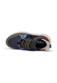 Sneaker featuring a mesh upper in navy and green with black accents, textured sole, beige inner lining, and multicolored laces.